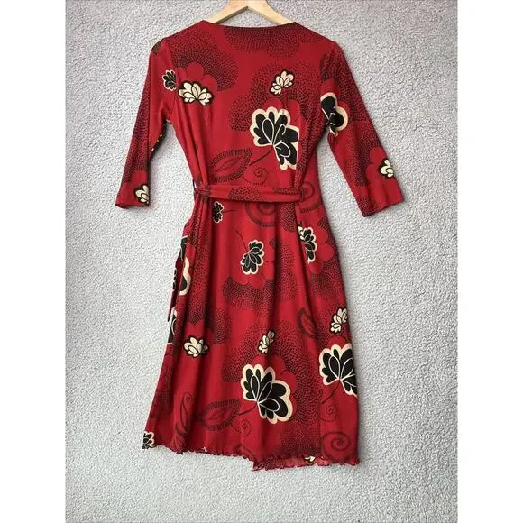 Tristan & Iseut Wrap Dress Small Knee Japanese Floral Red Ruffle Retro 70s Y2K - Picture 11 of 16